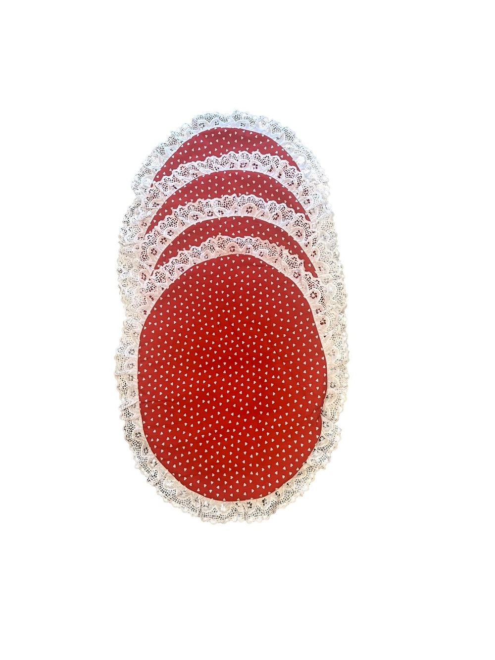 Red White Hearts Fabric Oval Placemats Lace Trim - Set of 4
